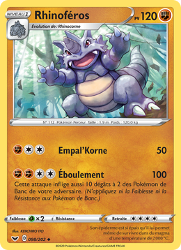 Rhinoféros 98/216 Pokémon Épée et Bouclier